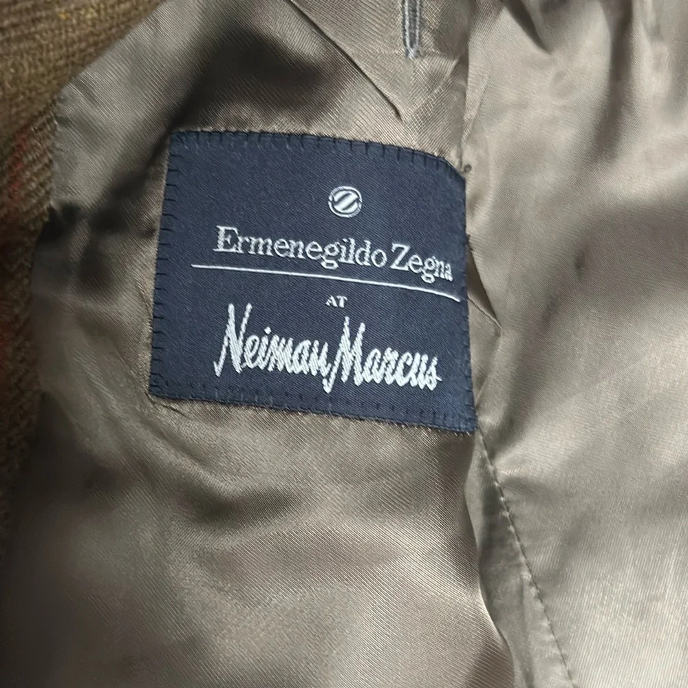 Ermenegildo Zegna brown plaid wool blazer with red pinstripe